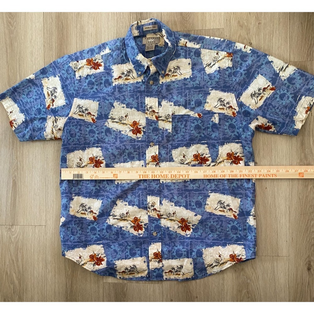 Natural Issue Mens M Hawaiian Shirt Blue Tropical Palm Wrinkle Free Button Up